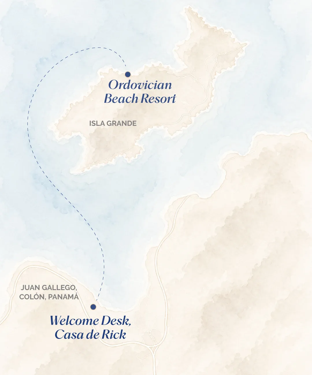 Mapa de Ordovician Beach Resort y el punto de bienvenida en tierra firme